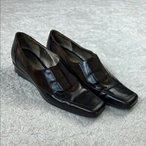 Sesto Meucci square toe wedge in brown, size 6.5 narrow